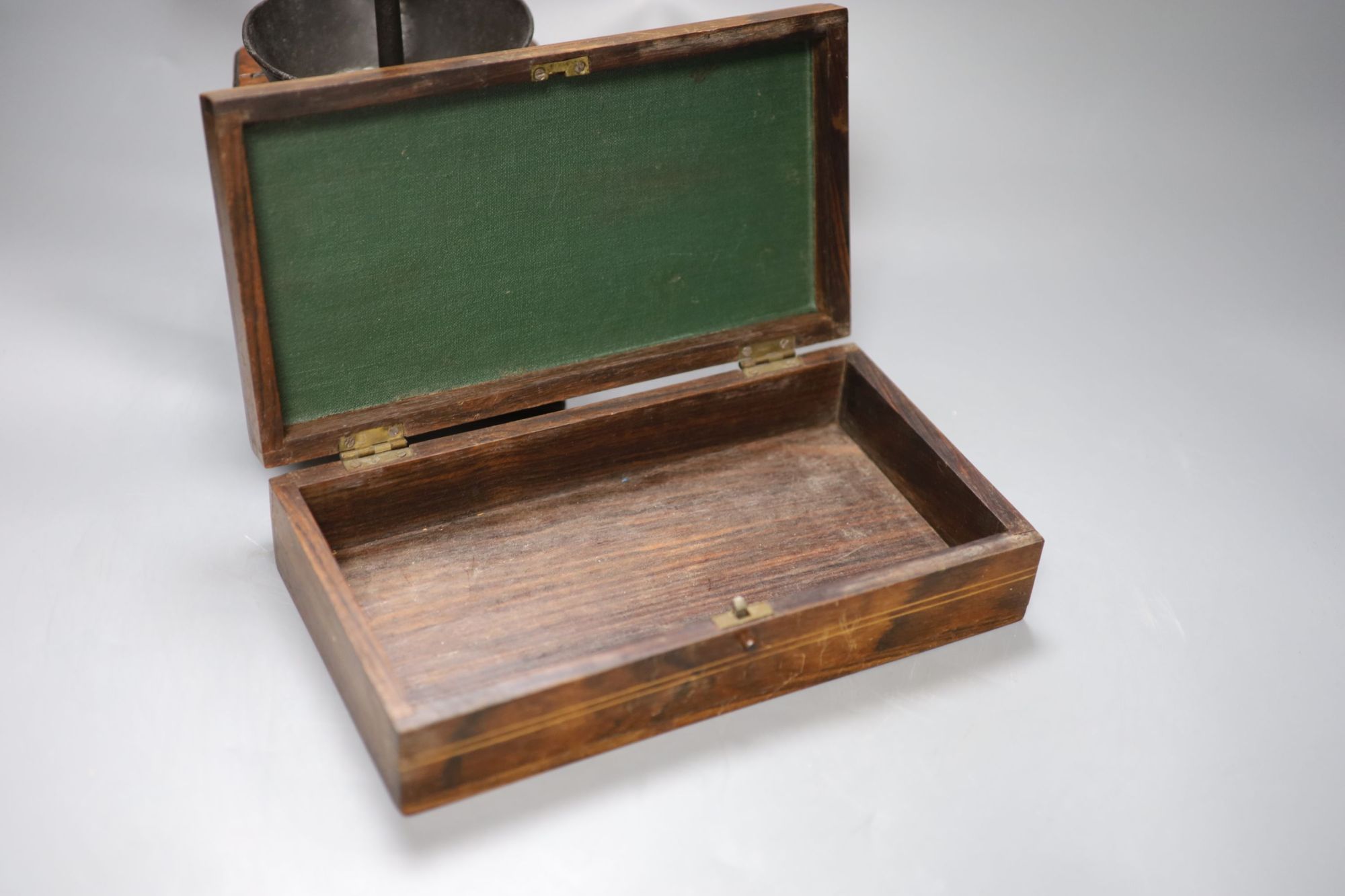 An aneroid barometer together with a 19th century mahogany coffee grinder and an inlaid box